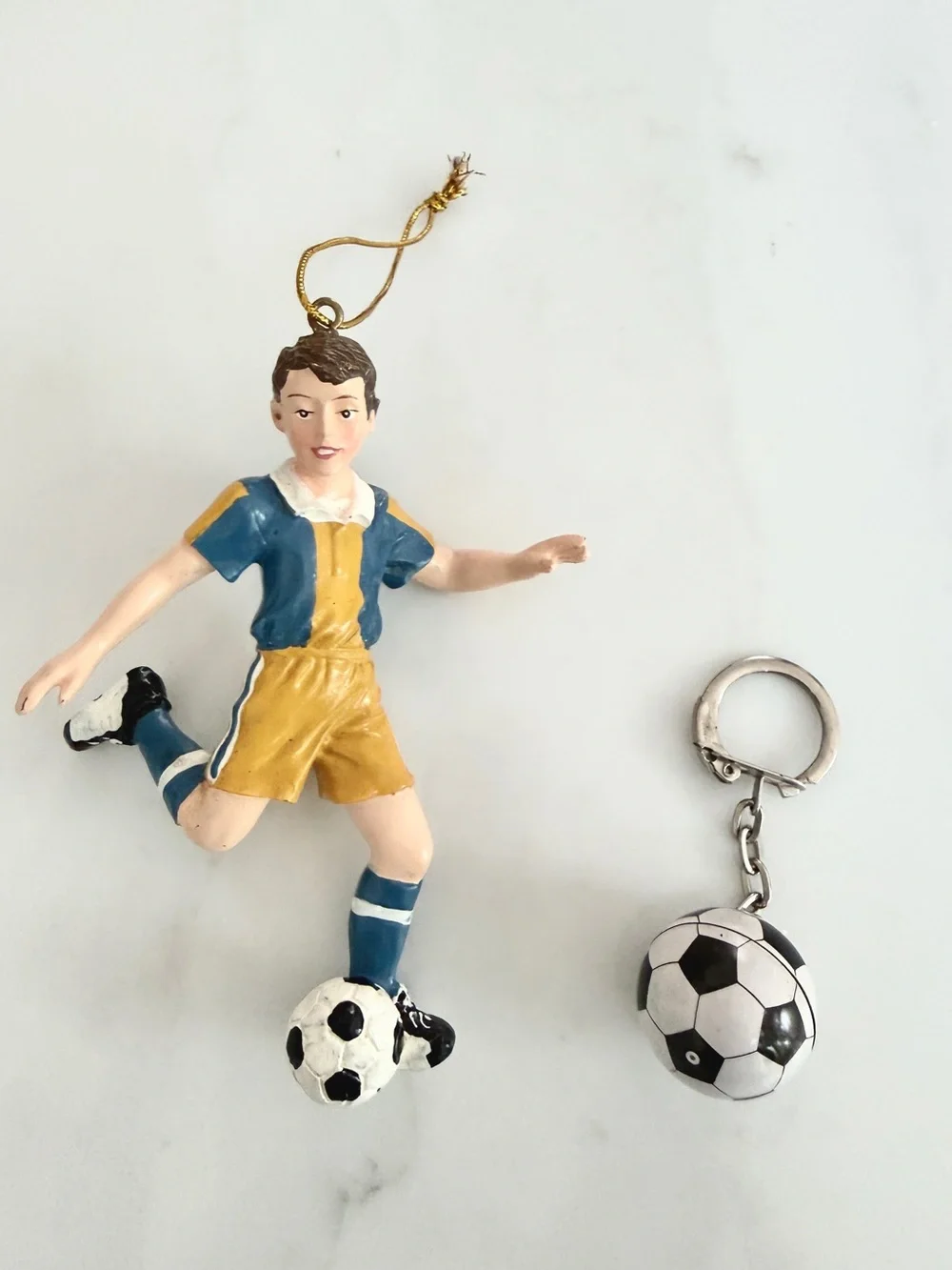 Vintage Soccer Player Ornament and Soccer Ball Keychain Bundle y2k lot 4.25